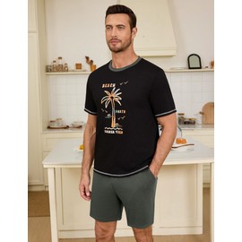 Terecey Men's Offset Print Contrast Color Short Sleeve Shorts Sleep Set, black