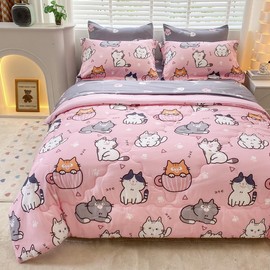 Gusuhome 7 Piece Girls Cat Comforter Set Full Size Bed in A Bag Pink Cute Cartoon Pet Cats Bedding Set for Kids Boys Teens (1 Comforter, 1 Flat Sheet, 1 Fitted Sheet, 4 Pillow Sham) Gray