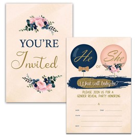 YIDOU Pink Navy Balloons Gender Reveal Party Invitations He or She Baby Gender Reveal Fill in Invites Cards 20 Invitations and Envelopes (Double Sided)