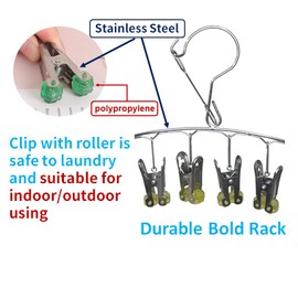 CHERRY GLOBAL Quick Release Arc Stainless Steel Laundry Drying Rack with 8 Clips,Swivel Hook Wind-Proof Clothes Hanger Rack for Sock, Bras, Underwear, Laundry Accessories
