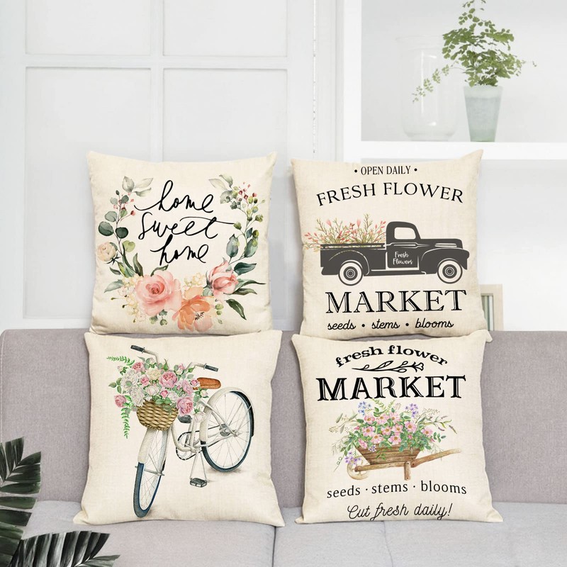 YeeJu Spring Decorative Throw Pillow Covers Square Cotton Linen Cushion