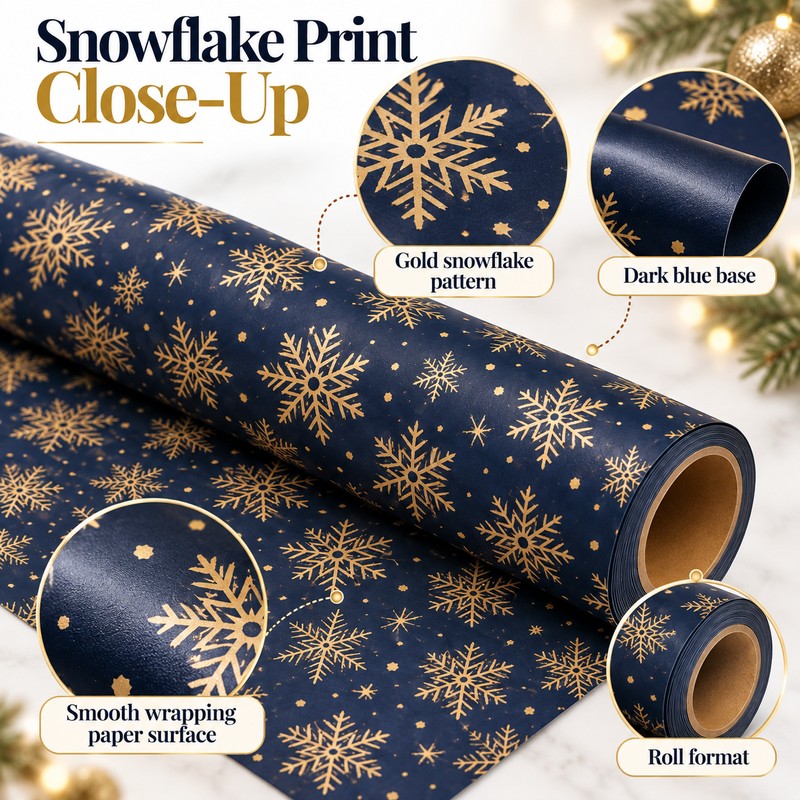 Snowflake Wrapping Paper Roll for Holiday Gifts – Double-Sided Navy