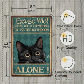 YOYI ART Funny Bathroom Signs - Vintage Metal Bathroom Cat Decor Signs, Cute Black Cat Sign for Restroom, Bathroom, Farmhouse Wall Decor Art Accessories, Cool Cat Gifts for Cat Lovers, 8 x 12 Inches