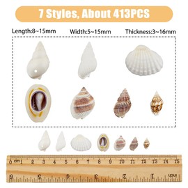 SUPERFINDINGS 413 Pieces 7 Styles Mini Shells Large Natural Shell Cowrie Spiral Shell Ornament Sets No Hole for Crafts Shells Beads for DIY Jewellery Mermaid Costume