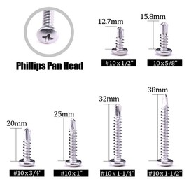Hilitchi 410 Stainless Steel #10 Pan Head Phillips Self Drilling Screws Sheet Metal Tek Screws Assortment Kit, Modified Truss Head Self Driller - Size: #10 x 1/2'' - 1-1/2'' - Pack of 200