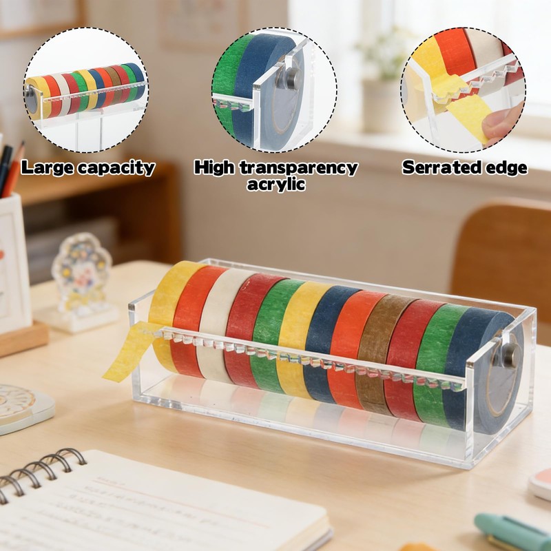 Acrylic Washi Tape Dispenser Washi Tape Organizer Sticker Roll Cutter,