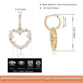 JINAO Hollow Heart Dangle Huggie Earrings 14K Gold Plated Iced Out Cubic Zirconia Drop Hoop Earrings for Women Valentines Day Earring Jewelry(Gold)
