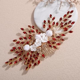 Teyglen Red Rhinestone Bride Flower Wedding Hair Comb with Crystal Bridal Headpiece Gold Leaf Rhinestone Hair Piece with White Flower Side Comb Floral Hair Accessories for Women (Gold-red)