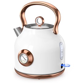 Retro Electric Kettle, 1.7L Stainless Steel Tea Kettle with Large Temperature Gauge, 1500W Fast Heating Hot Water Boiler with LED Indicator, Auto Shut-off & Boil-Dry Protection-Reteo White