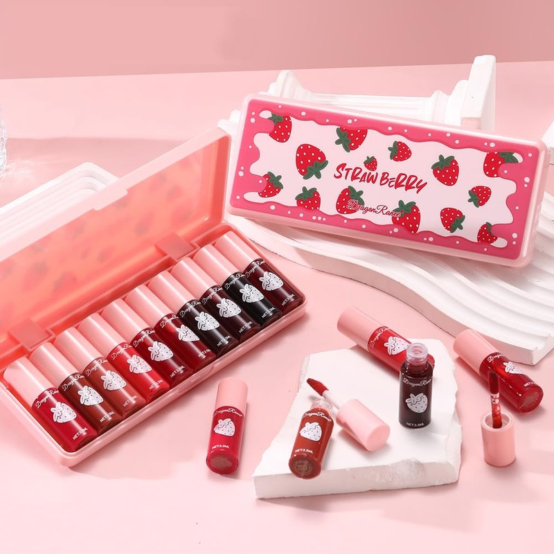 Strawberry Lip Tint Set, 10 pcs, Waterproof, Long-Lasting, High Pigment