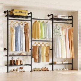 Higeego W3 Industrial Pipe Clothing Rack, Wall Mounted Clothes Rack Closet Wardrobe System with Expandable Hanger Rods Adjustable Storage Shelves, Heavy Duty Corner Walk-in Closet System, Black