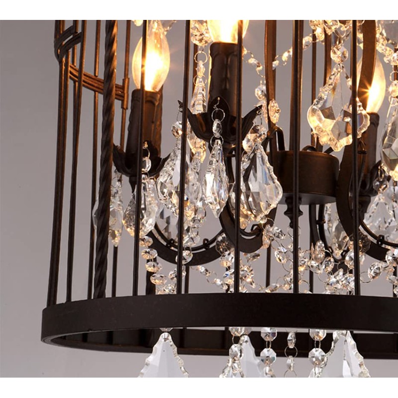 LUOLAX Industrial Vintage Lighting Fixture Black Finish Metal Birdcage Crystal