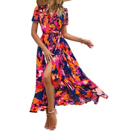 PRETTYGARDEN Women's Summer Wrap Maxi Dress Casual Boho Floral V Neck Short Sleeve Ruffle Hem Split Beach Long Dresses (Blue Orange Floral,Large)
