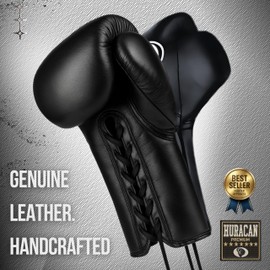 Boxing Gloves – Lace-Up – Sparring Gloves for Training, Muay Thai, Kickboxing – Leather – 10, 12, 14, 16 oz – Huracan Premium (Black, 14 oz, Genuine Leather)