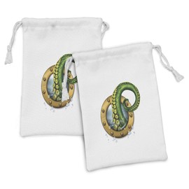 Lunarable Octopus Fabric Pouch Set of 2, Ship Porthole Kraken Tentacles Broken Glass Stormy Ocean Nautical Illustration, Small Drawstring Bag for Toiletries Masks and Favors, 9" x 6", Green Mustard