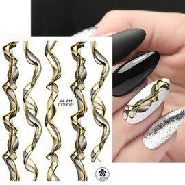 French Line Nail Art Stickers, 3D Gold Black Strip Line Nail Art Transfer Decals Designs, Marble Wave Nail Self-Adhesive Sticker Acrylic Supplies for Women Girls Manicure Decorations, DIY Nail Decal