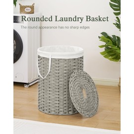 SETVSON Laundry Basket with Lid Round Rattan Laundry Hamper with Lid and Handles 29.1 Gal (110 L) Handwoven Woven Basket with Removable Bags and 2 Mesh Bags for Bathroom Living Room Gray