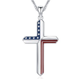 KoyeKei American Flag Necklace for Women Men 925 Sterling Silver Cross Red White and Blue Pendant Necklaces Fourth of July Jewelry Patriotic Memorial Day Gifts