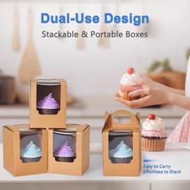 Shallive Cupcake Boxes 100 pcs, Individual Cupcake Carrier Brown with Window Insert and Handle Pastry Containers Single Muffins Container for Bakery Wrapping Party Favor Packing