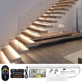 PARMIDA Intelligent Motion Sensor LED Indoor Stair Lighting Kit, RGB & 5CCT Color Selectable, 24" Aluminum Light Bars, Staircase Cascading Style, Remote Control, Dimmable, UL Driver, 100W - 10 Steps