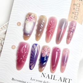 Handmade Press on Nails Long Almond Fake Nails with Glue,3D Lines Designs Pink False Nails Glitter Reusable Acrylic Nails Nature Glue on Nail for Wome (Size S)