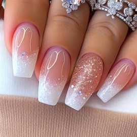 MISUD Press on Nails Medium Coffin Fake Nails Glossy Glue on Nails Pink White Ombre Acrylic Nail Supplies Ballerina Artificial Nail Art Bling Glitter Stick on False Nails with Design DIY 24 pcs