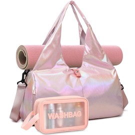 DBPBToU Women's Sports Bag with Toiletry Bag, Weekender Travel Bag with Shoe Compartment and Wet Compartment, Waterproof Hand Luggage Bag, Yoga Bag, Swimming Bag, Sauna Bag for Men and Women, pink,