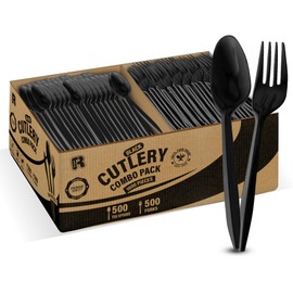 1000 Pcs Black Plastic Utensils Set - 500 Forks And 500 Teaspoons, Plastic Forks And Spoons Set - Bulk Black Cutlery Set