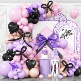 Purple Pink Balloons Arch Kit with Black Bow Balloons, Pastel Purple Pink and Black Balloons Arch with Black Heart Foil Balloons for Girls Coquette Birthday Party Baby Shower Wedding Decorations