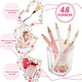 CHENGU 48 Pcs Half Pencils with Eraser Bridal Shower Pencils Mini Pencils Golf Pencils Rose Gold Heart Pencils White Pink Pre Sharpened Pencils Wedding Party Favors for Baby Shower Party Gift Prizes