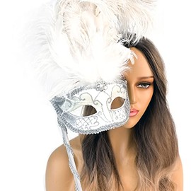 Venetian Masquerade Mask with Holding Stick for Women Feather Mardi Gras Masks Masquerade Ball Masks for Women Costume Feather Mask (White/Silver)