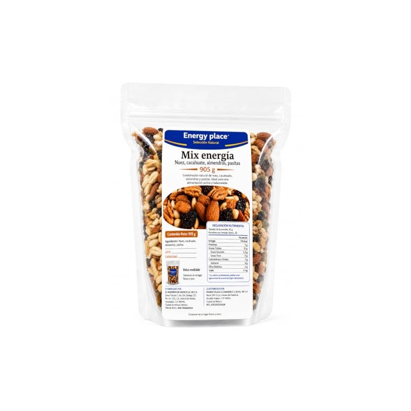 Mix Energía frutos secos: Nueces, Cacahuates, Almendras, Pasitas 905g