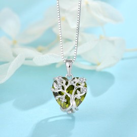 FJ Tree of Life Necklace Women's 925 Sterling Silver Heart Tree of Life Necklace Pendant Birthstone Jewellery Gifts for Women, Cubic Zirconia, Peridot