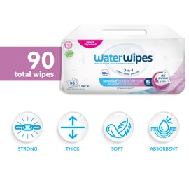WaterWipes Adult Care Sensitive Body & Intimate Hygiene Wipes, 99.9% Water, 3-In-1 Cleans, Cares, Protects, Unscented & Hypoallergenic, 90 Wipes (Pack of 3), Packaging May Vary