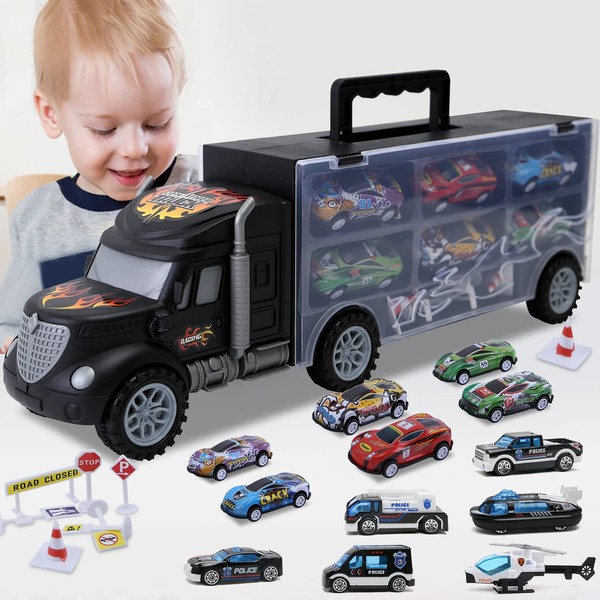JODUDLR Toddler Toys for 3-4 Year Old Boys,Large Transport Cars Carrier Set Truck Toys with 12 Die-cast Vehicles Truck Toys Cars,Ideal Christmas Easter Valentines Day Gifts Toys for Kids Age 3-7
