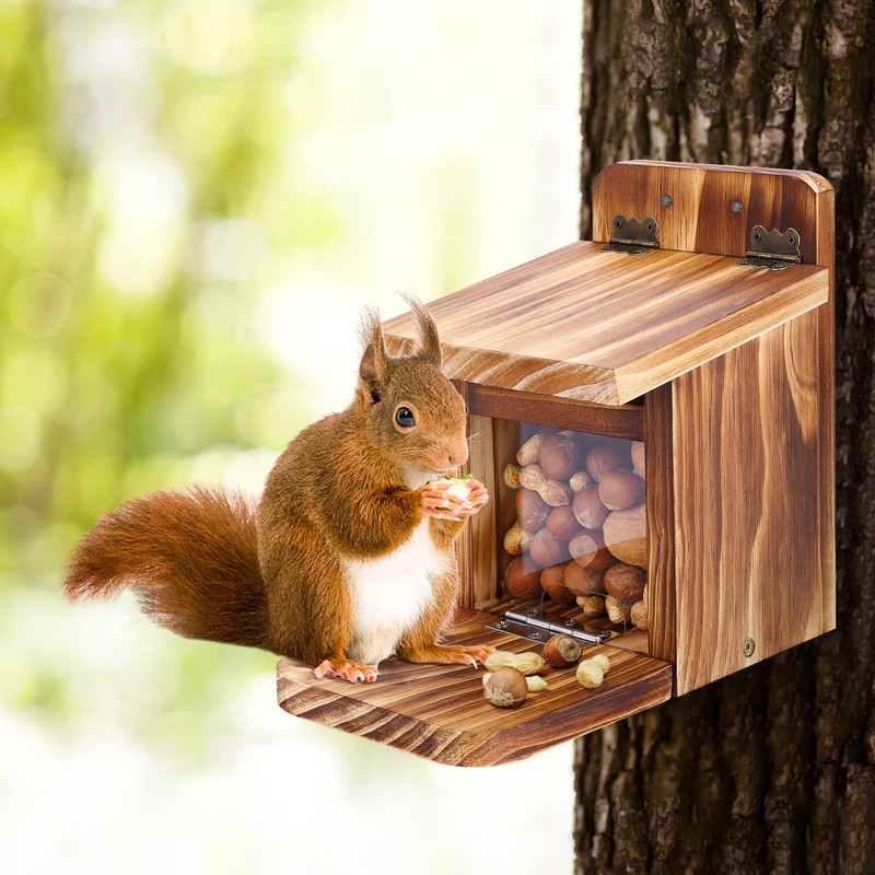 MIXXIDEA 2 PK Wooden Squirrel Feeder Box, Sturdy Squirrel Feeding