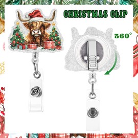 Cheerupp Christmas Highland Cow Glitter Badge Reel with Swivel Alligator Clip and Retractable Cord for Him and Her, Xmas Acrylic Cute Cow ID Tag Card Holder Clip Accessories for Office Workers