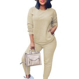 Fixmatti Women Sweatsuit Solid Color 2 Piece Outfit Long Sleeve Crew Neck Top Long Pant Set Tracksuit Khaki 2XL