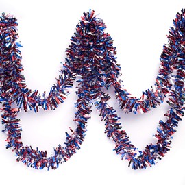Anderson's Three-Color Metallic Tinsel Twist Garland, Red, Silver, and Blue - 4 inches Wide x 25 feet Long, Parade Float Decorations Metallic Tinsel Garland, Patriotic Garland for 4th of July