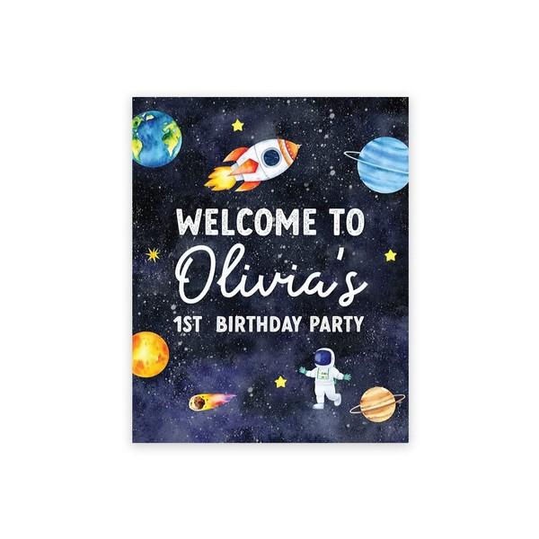 Andaz Press Personalized Birthday Welcome Sign Custom Large Canvas Welcome Sign for Kids Birthday Party, 16 x 20 Inches, Outer Space Astronaut Birthday Theme for 1st Birthday Party for Boys and Girls