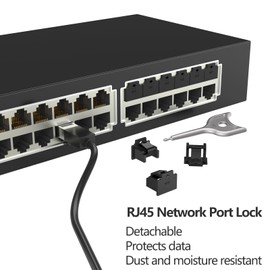 12Pcs RJ45 Port Lock with 1 Keys, Locking RJ45 Port/Dust Blocker,RJ45 Dust Cover Cap Female Port Plugs Protector,Compatible RJ45 Port Devices (Black)