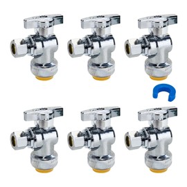 SUNGATOR 6-Pack Angle Stop Valve, Angle Water Shut Off Valve 1/2 x 3/8 Inch Compression, Toilet Water Shutoff, 1/4 Turn, No Lead Brass Push-to-Connect Plumbing Fittings for PEX Pipe, Copper, CPVC