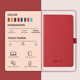 IN-LUXPRO 2025-2026 Academic Diary A6 Week to View (16.4x9.6 cm) Hardback 18 Months (Jul'25 - Dec'26) Weekly & Monthly Planner with Month Tabs & Pocket,Expenses/Note Pages,PU Leather(Red)