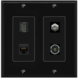 Wallplate City [4 Ports]HD and Coax Toslink + Cat6-Ethernet Wall Plate - 2 Gang [Black/Black]