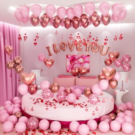 Bonropin Valentines Day Balloons Kit with Rose Gold Pink Heart Balloons Rose Petals I Love You Balloons for Anniversary Mothers Day Wedding Romantic Decorations Special Night