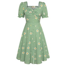 Belle Poque Cottagecore Dress for Women Puff Short Sleeve Vintage Cocktail Party A-Line Swing Dress Green(Floral) 2XL