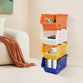 4 Pack Stacking Storage Baskets, Open Front for Pantry Organizers and Storage, Plastic Stackable Storage Bins, Dorm Room Essentials, Pantry Storage for Food, Kitchen and Home Organization (Multi - 2)