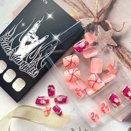 24 Pcs Christmas Press on Nails Short Square Pink Fake Nails with Xmas Gift Candy Design Cute Monster False Nails Winter Glossy Xmas Full Cover Artificial Glue on Nails for Women Holiday Nails Art DIY