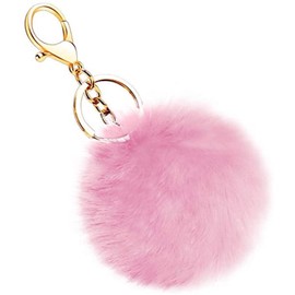 1Pc Pink Cute Pompom Keychains Fluffy Faux Fur Ball Keychain Artificial Faux Rabbit Fur Keychain Fluffy Plush Ball Bag Hanging Pendant Purse Charm Key Holder Women Automobile Keychains