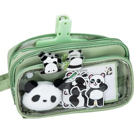 Cartoon Pencil Pouch, Cute Panda Pencil Bag Pen Storage Case, Portable Stationery Container with Stickers and Doll for Fountain Pen, Ruler